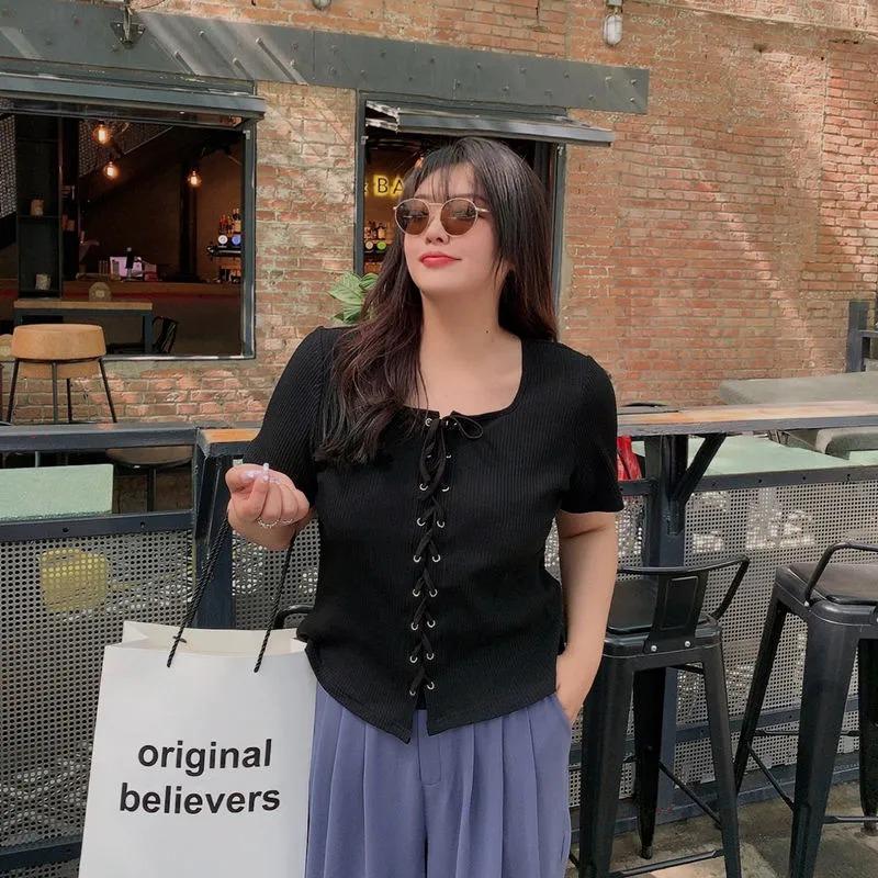 Women Square Neck Ribbed Knit Lace Up Front Short Sleeve Top L