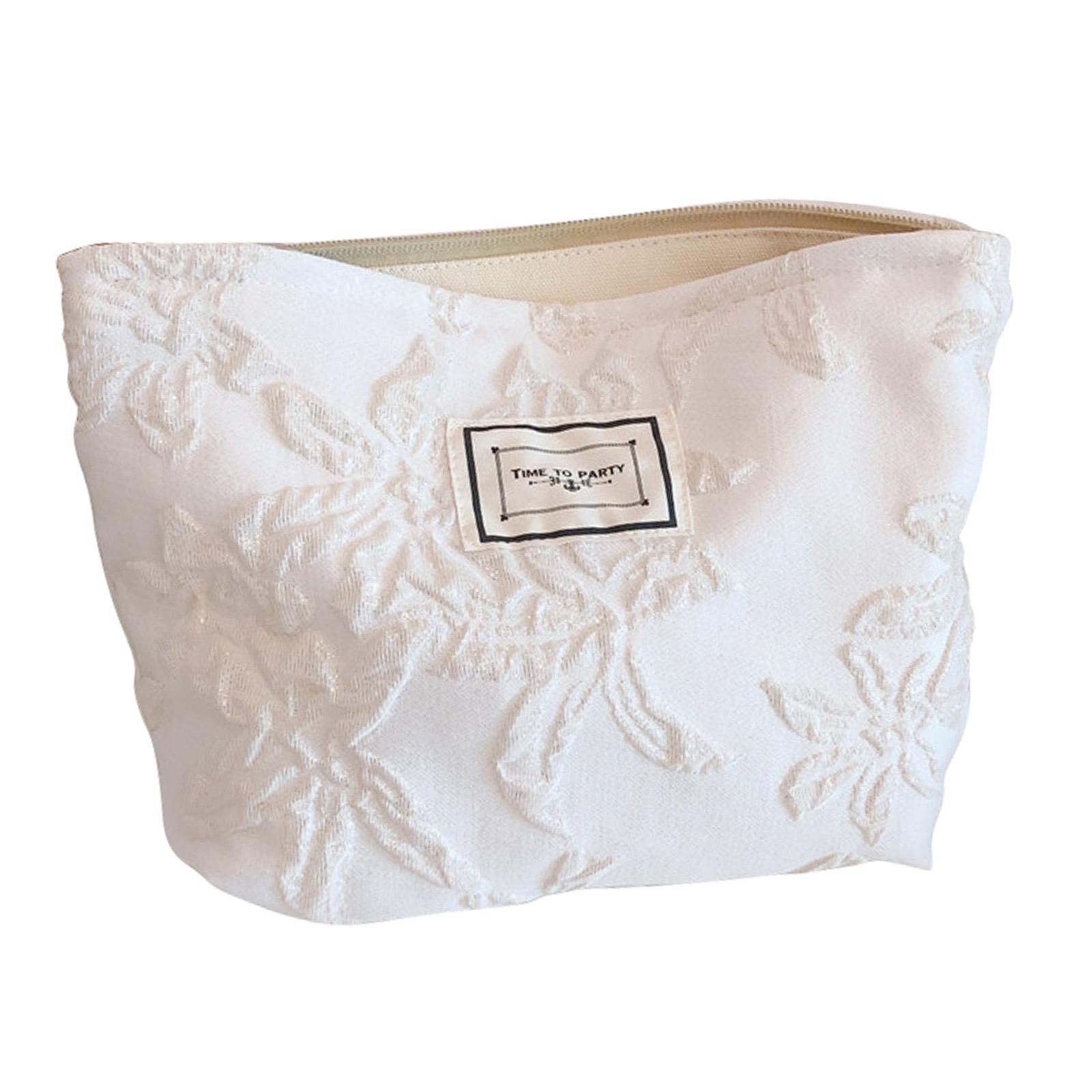 

76 Canvas Makeup Cosmetic Bag Travel Organizer Embossing Flower Pattern Toiletry Travel Bag White