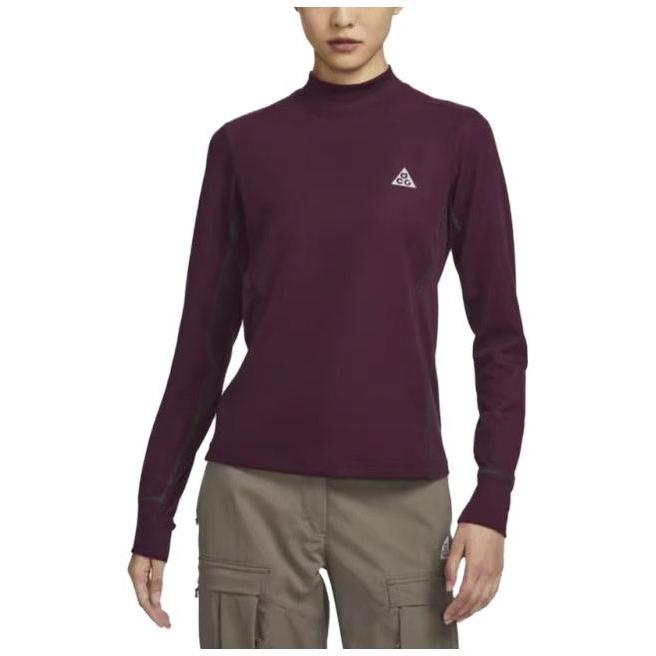Nike Solid Color Stand Collar Quick Dry Casual Long Sleeve Regular T-Shirt Women Tops Dark-Brown-Red FB8005-681