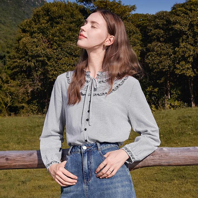 Betu Women's Hand-Embroidered Striped Cotton-Feel Long Sleeve Shirt