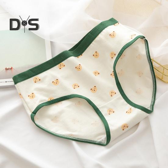 Japanese Style Teenage Girls Panties Cute Bear Pattern Green Cotton Crotch Briefs Mid Rise Cartoon Student Underpants