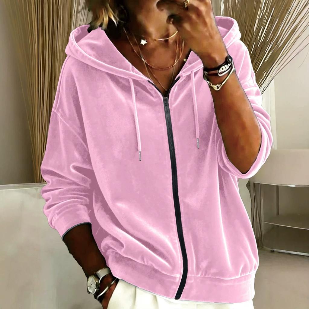 New European and American Casual Solid Color Velvet Drawstring Hooded Zipper Long-sleeved Women's Sweater