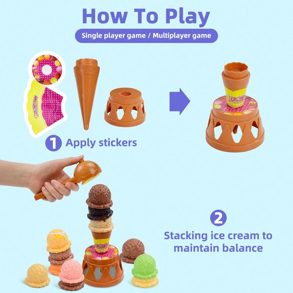 20 Piece Ice Cream Stacking Toys For Kids 3+, Montessori Sensory Play Set With Scoops,Cones,Pretend Kitchen Toys Develop Motor Skills,Vibrant Colors