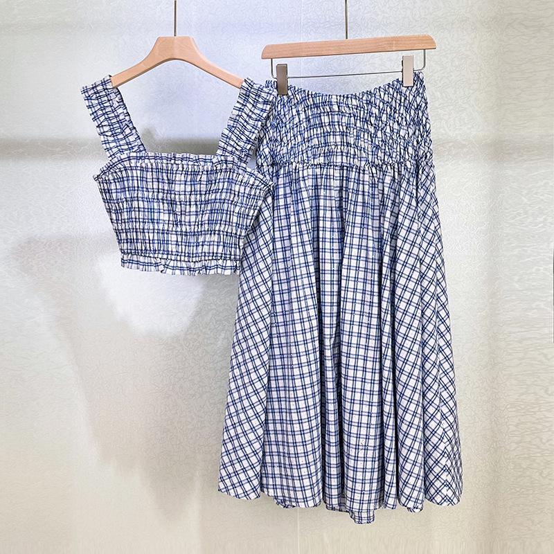 Seaside Blue & White Plaid Beaded Camisole Top + High-Waisted Skirt Set