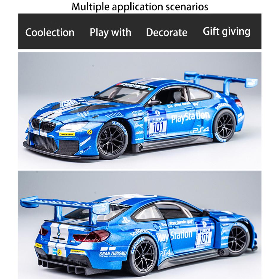 1/24 skala M6 GT3 odlany model samochodu zabawka, wycofać pojazd zabawkowy z dźwiękiem i światłem dla dzieci maluch chłopcy dziewczęta kolekcja prezentów