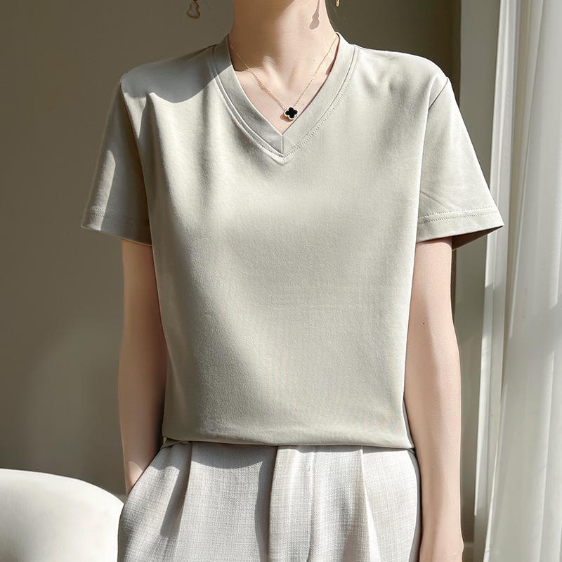 High-Quality Women's V-Neck Short-Sleeve Mercerized Cotton T-Shirt: Non-See-Through, Casual, Sweat-Absorbent, Breathable, Versatile Fit.