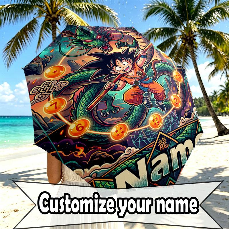 Custom Name Personalized Dragon Ball Z Print Umbrella, Auto Open Close, 8‑Rib Sturdy Frame, Commute Camping Hiking Use, Birthday Gift