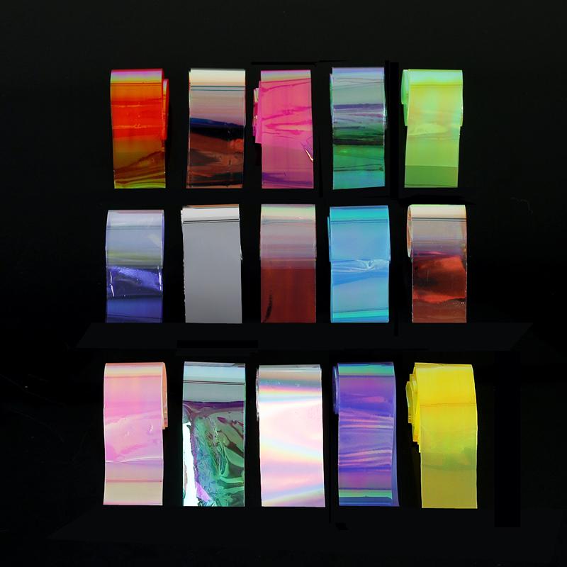 15 Sheets/set Starry Sky Laser Nail Foils Colorful Shimmer Rainbow Effect Manicure Nail Art Transfer