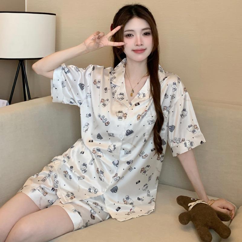 Sweet Girl Ice Silk Pajamas Women'S Summer Short-Sleeved Shorts Loungewear Two-Piece Set