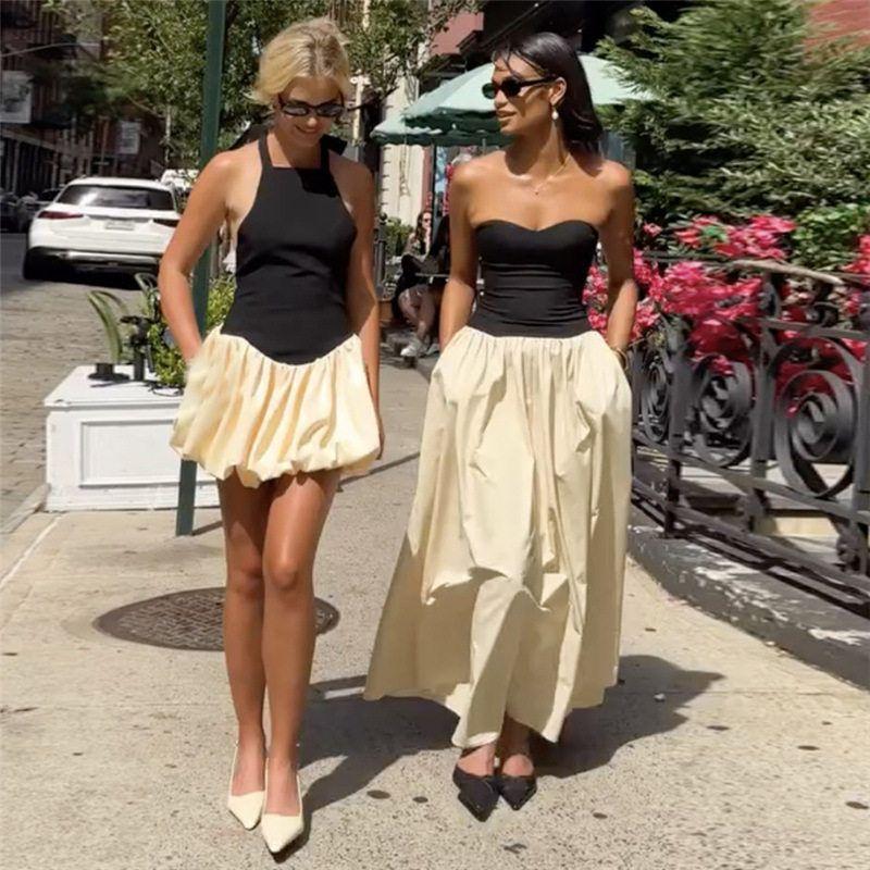 European and American Style 2024 Autumn New Cross-Border Women's Fashion Strapless Color-Blocking Pleated Slim-Fit Dress