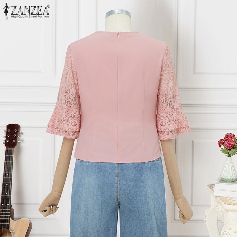 ZANZEA Women Summer Round Neck Half Sleeve Lace Patchwork Blouse