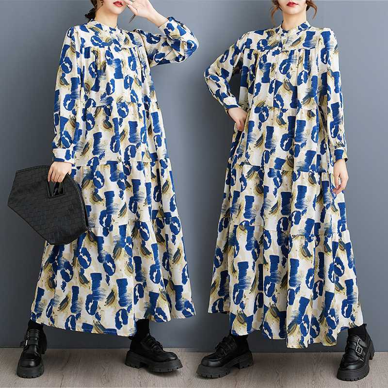 

2025 Новые платья с круглым вырезом, длинным рукавом, свободными складками и напечатанным подолом 0XL синий