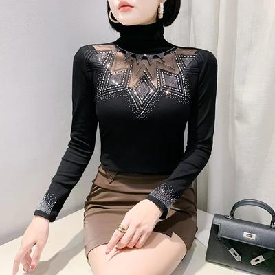 Spring Autumn Fashion New European Clothes T-Shirt Sexy Women Turtleneck Diamonds Tops Blouses Elegant Casual Long Sleeve Slim Tees