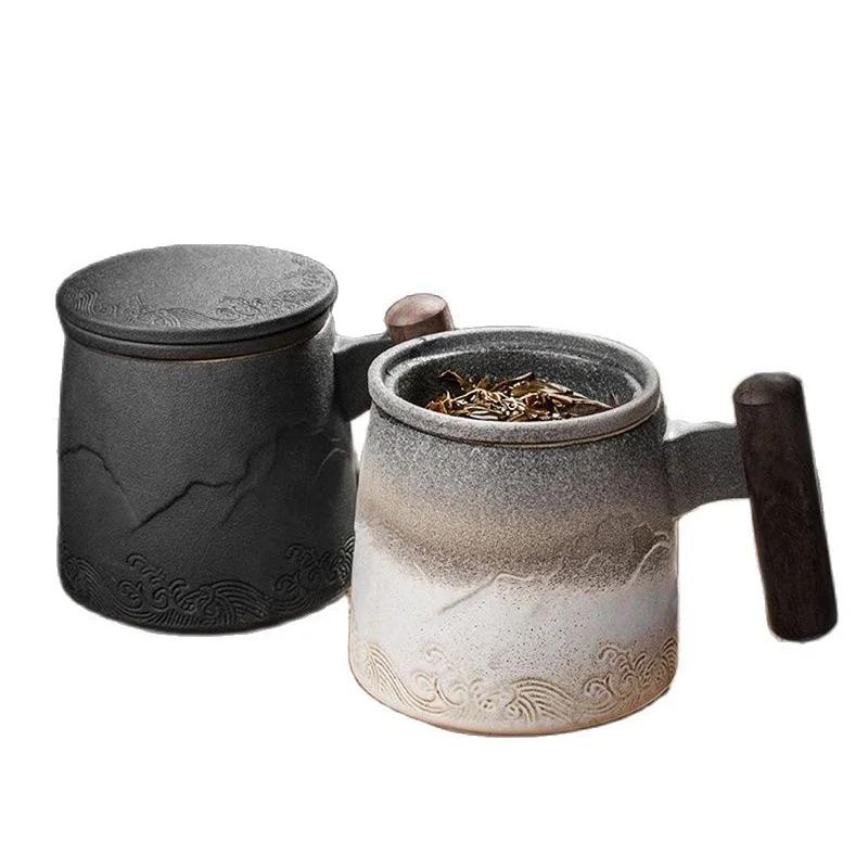 Luxury Mug Ceramic Tea Cup Handmade Aesthetic Chinese Retro Mugs Coffee Cups Elegant Teacup Teaware Water Cup Wooden Handle Business Gift Set