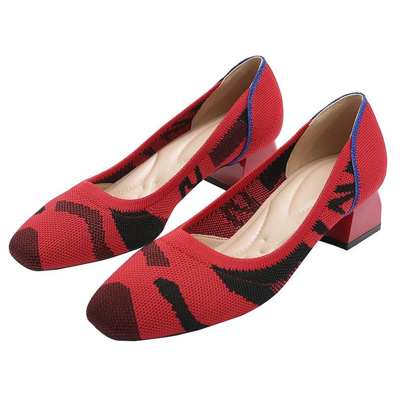 

High Heel Square Head Single Shoes Women s Medium Heel Flying Weaving Leopard Print Women s Coarse Heel Comfortable Weaving High Heels 34 червоний