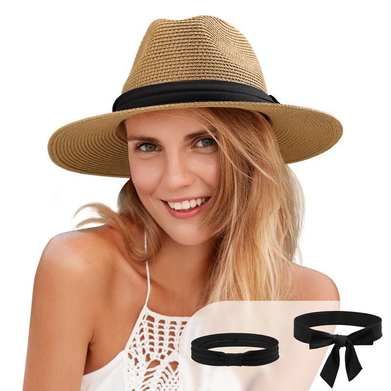 Womens Wide Brim Paper Straw Hat Beach Vacation Sun Protection Foldable Panama Style