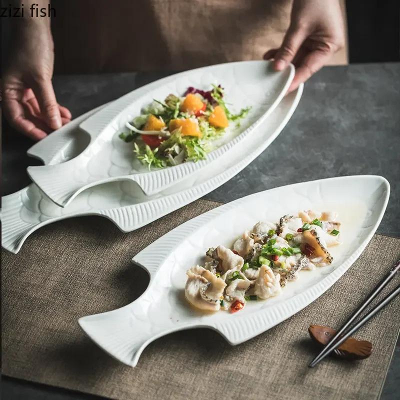 Ceramiczny talerz obiadowy Restauracja Kreatywny Talerz deserowy w kształcie ryby Naczynie na przekąski Talerz do sushi Talerz na rybę gotowaną na parze Jednokolorowe naczynia stołowe