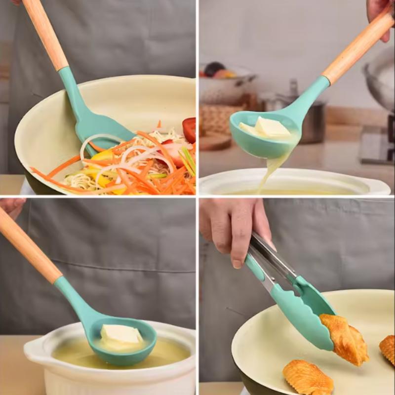 12pcs Set of Multi-color Silicone Wooden Handle Kitchenware Set Non Stick Pot Spatula and Spoon Cooking Utensils Heat-resistant