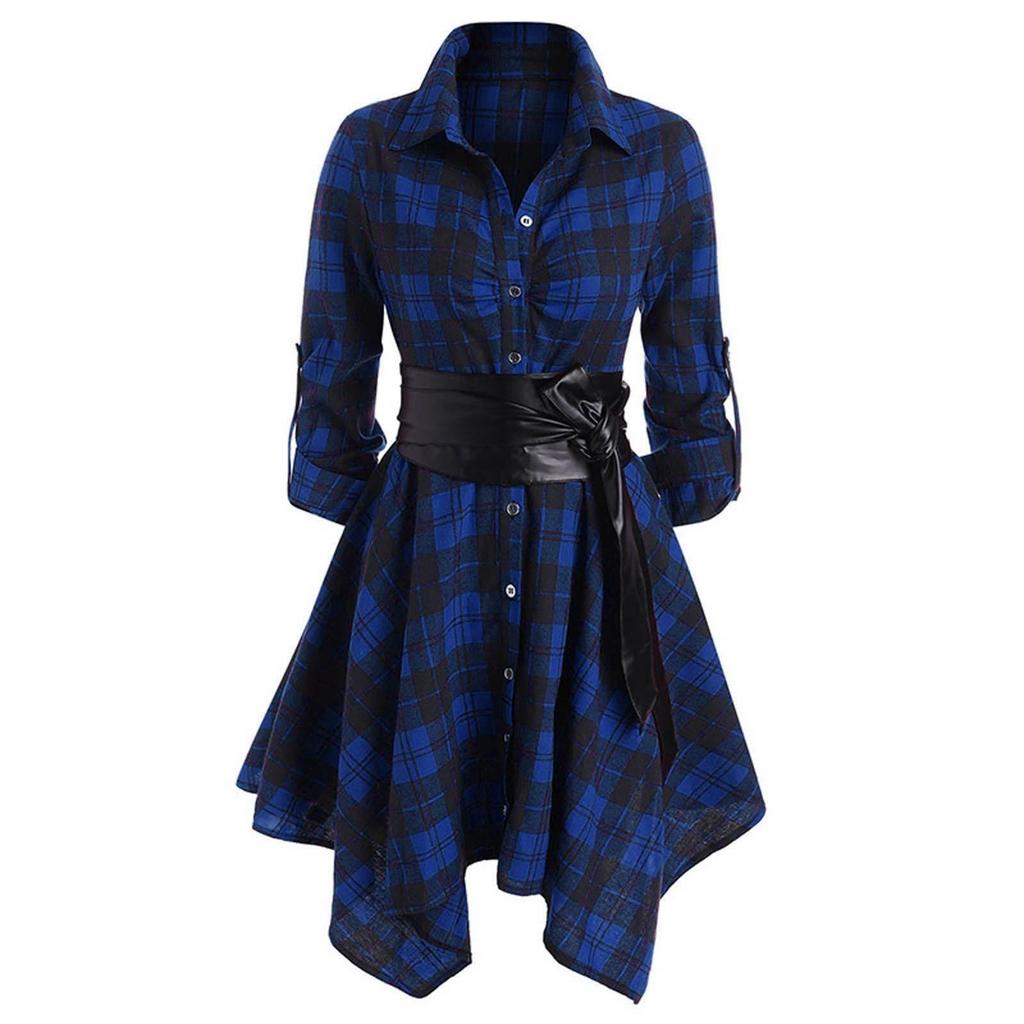 Womens Fashion Loose Long Sleeve Plaid Print Lace Splice Coat Tops T-shirt Dress