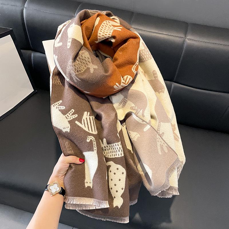 Scarf female retro autumn and winter versatile color matching cartoon cat long thickened warm imitation cashmere shawl