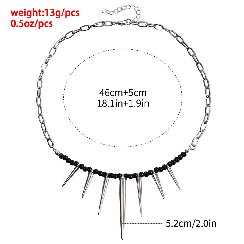 Punk Black Beads Rivet Choker Necklaces for Men Women Exaggerated Silver Color Metal Long Spike Tassel Necklaces Y2K Jewelry