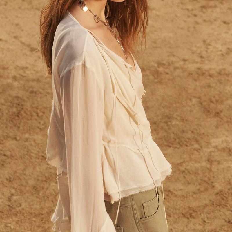 Za Autumn New Arrivals Women's Clothing Zr European and American Style Fashionable Lace-Up Fake Two-Piece Layered Bell Sleeve Shirt 2290004