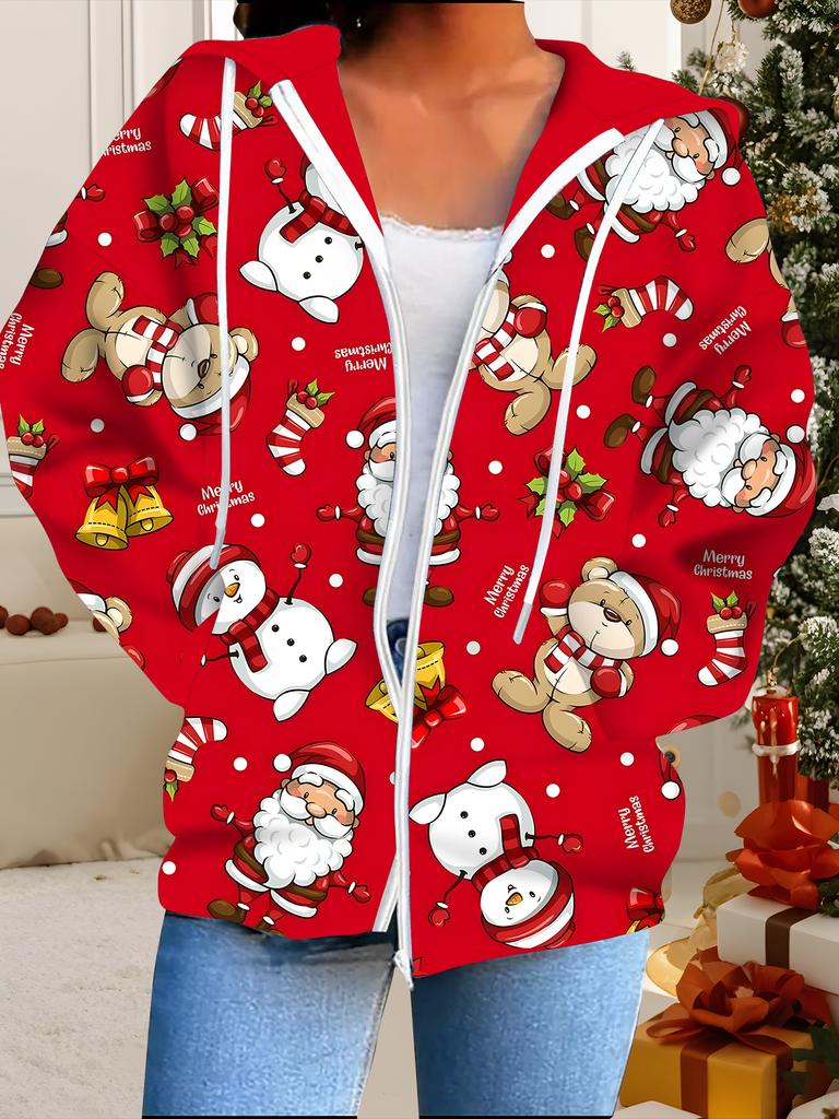 Świąteczny Kardigan z Kapturem Drukowany 3D Plus Size Jesień Zima Retro
