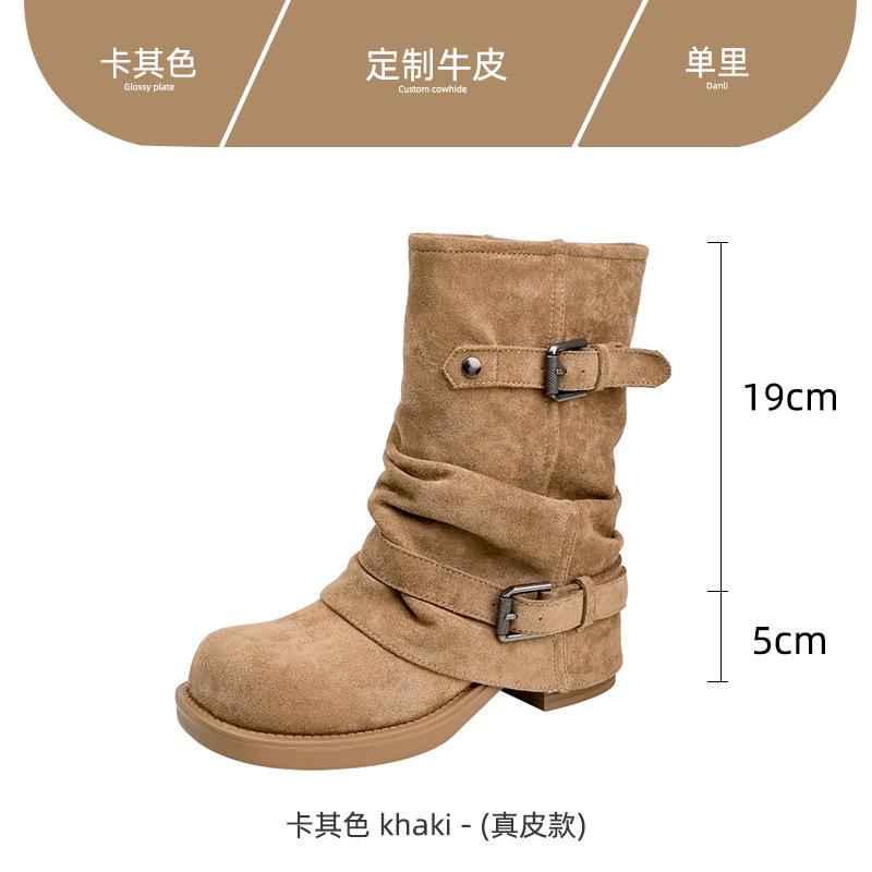 Soft Leather Version! Thick Heel Pleated Pile Booties Women's Autumn and Winter Maillard Vintage Western Trousers Martin Boots