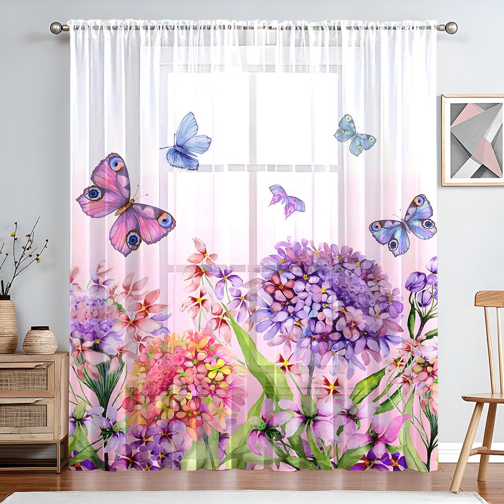 1PC Art Deco Style Sheer Curtain Tiers, Pastoral Flower and Butterfly Print,Rod Pocket, No Bleach, Clear Opacity, for Bedroom, Living Room