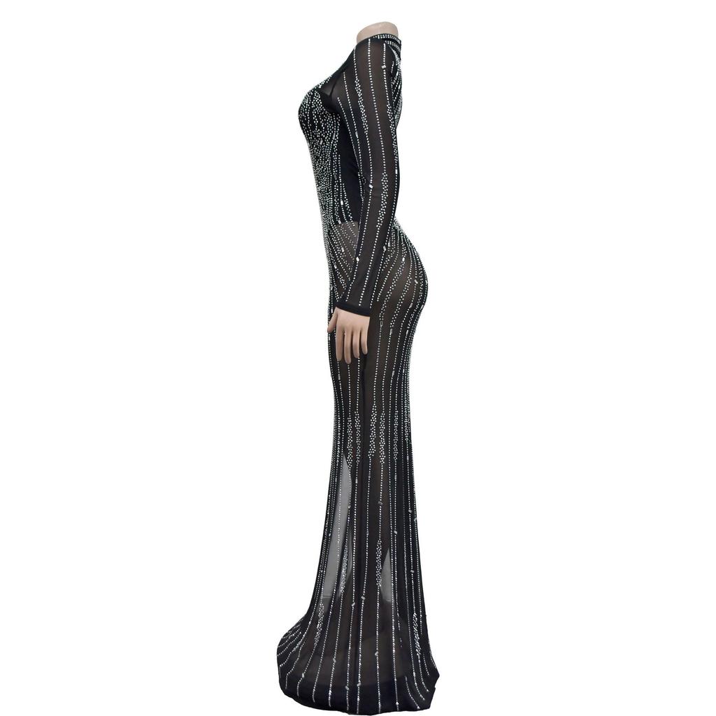 European & American Fashion Women's Solid Mesh Slit Long Dress with Hot Drill Accents