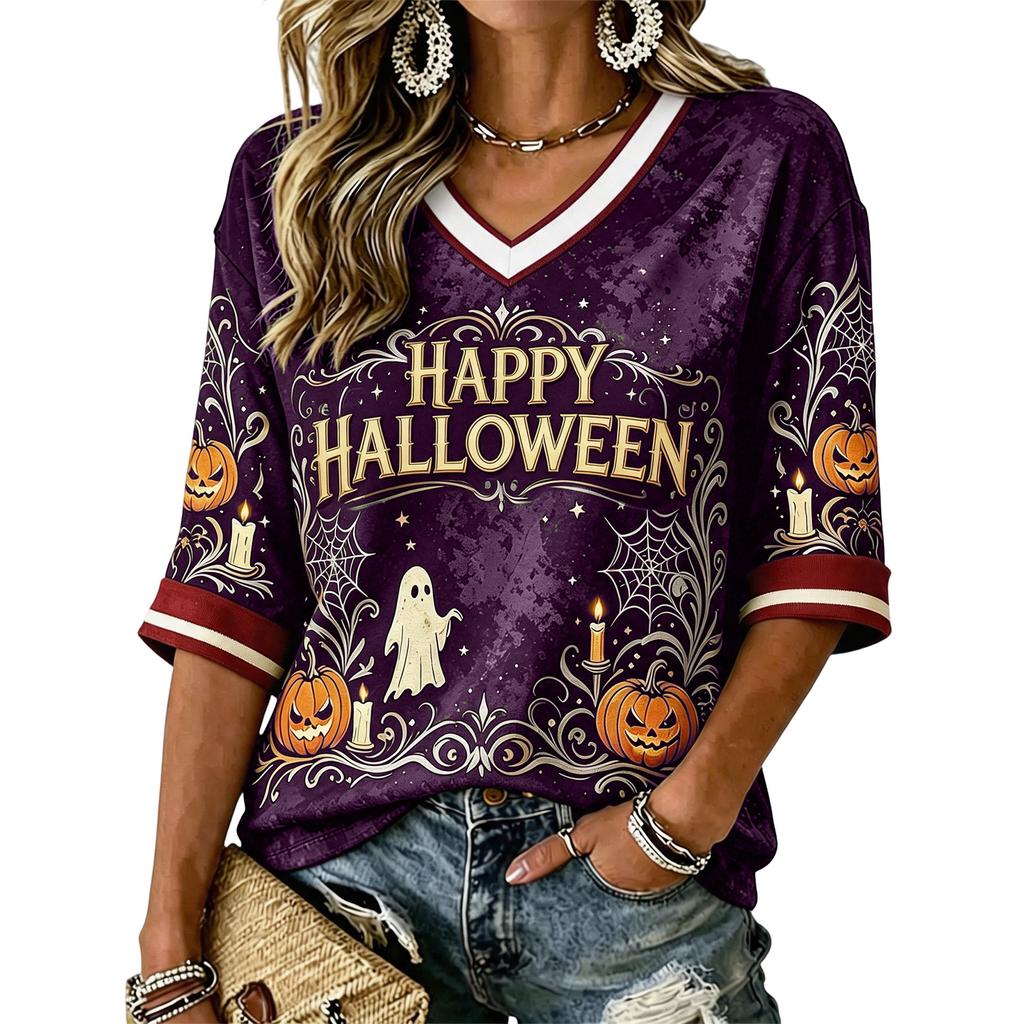 Women's Casual Halloween Printed V-Neck T-Shirt for Festive Occasions and Everyday Wear