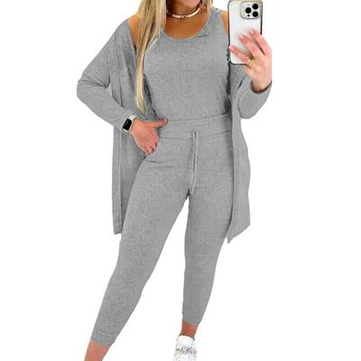 3 Pcs/Set Vest Coat Pants Set High Elastic Waist Slim Pants Round Neck Vest Long Sleeve Mid Length Coat Solid Color