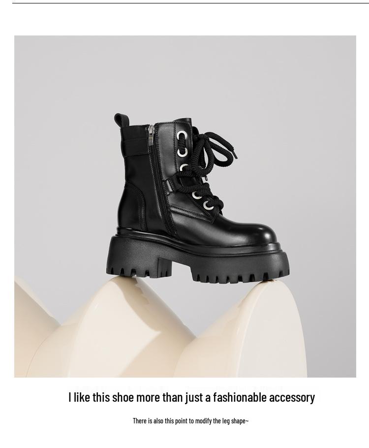 Women's British Style Lace-Up Ankle Boots - Genuine Leather, Thick Sole, Heightening, Autumn/Winter 2025