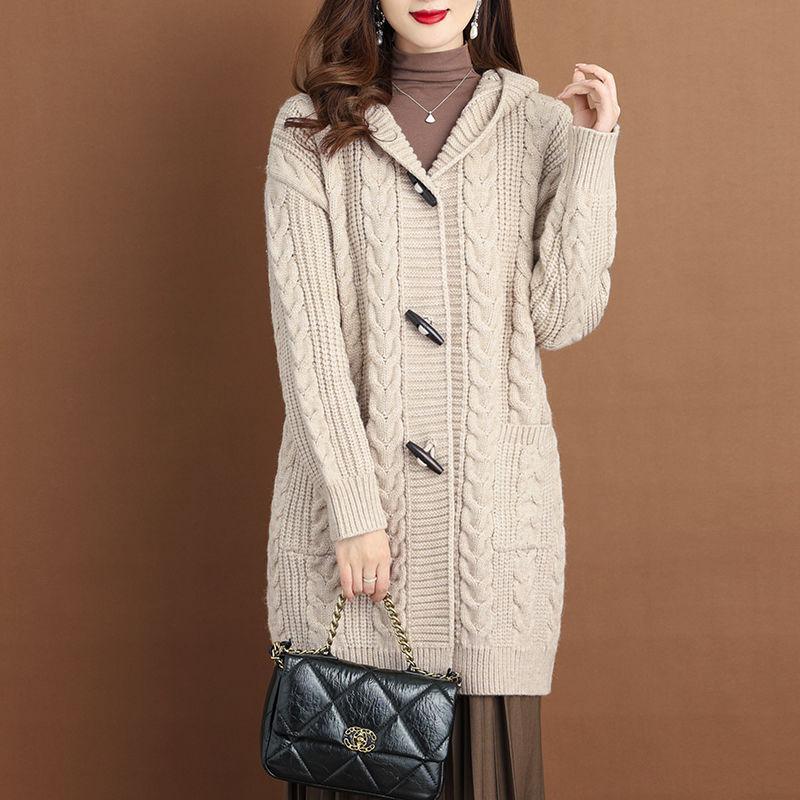 Spring Autumn Thick Sweater New Style Knitted Outerwear Women's Cardigans Medium Long Hooded Cardigan Sweater Coat