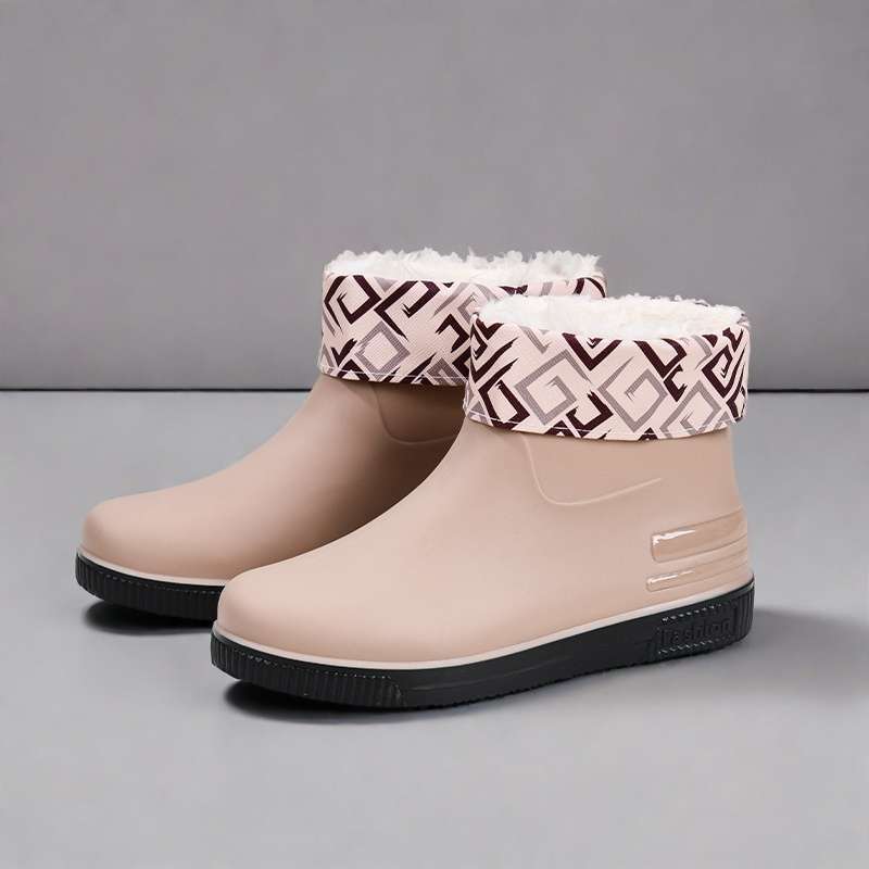 Fashion rain shoes water shoes women's adult warm waterproof non-slip velvet kitchen short rubber shoes rain boots cover shoes water boots