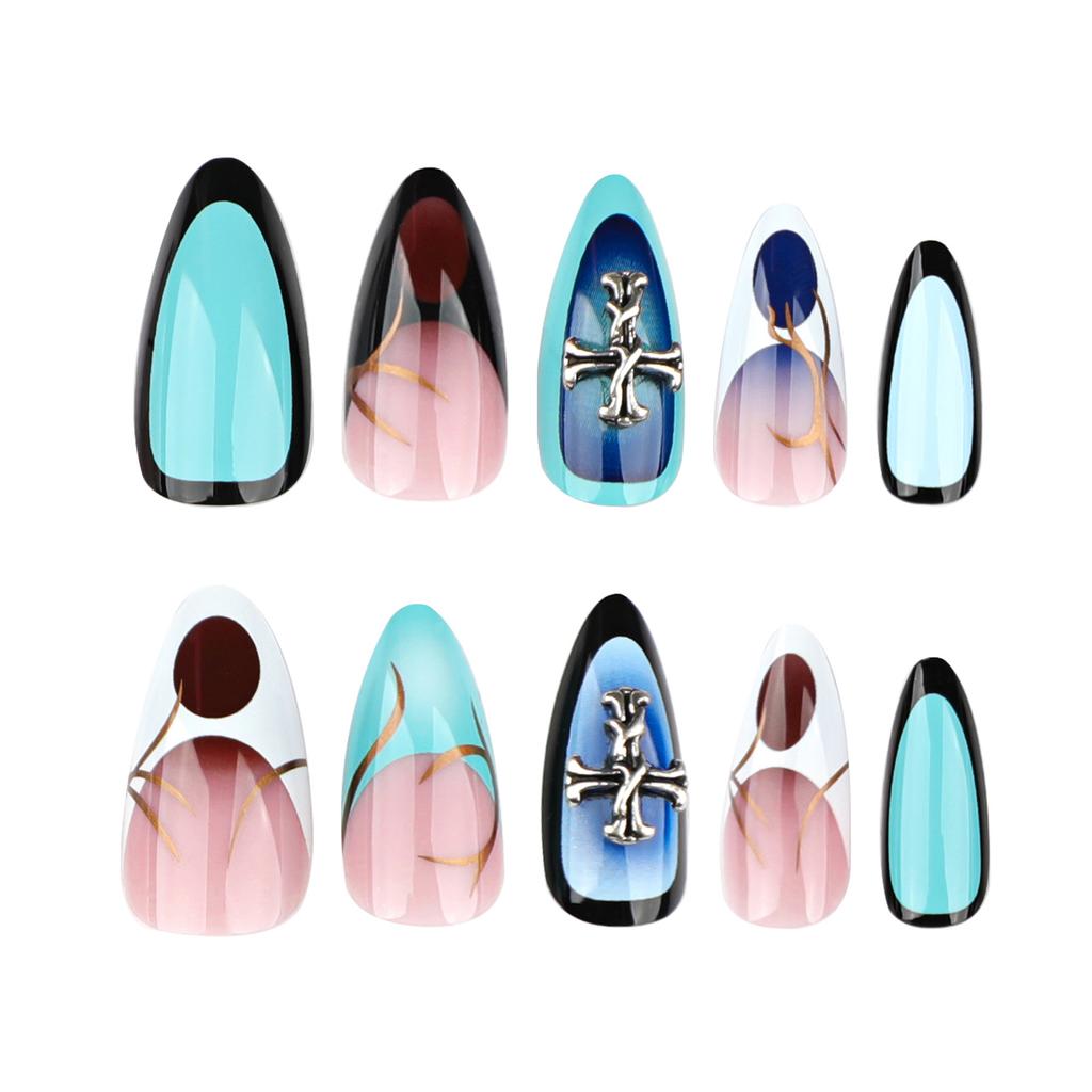 24pcs Women Full Cover Stick On Nails Y2K Blue Acrylic Fake Nails for Women Girls Manicure DIY