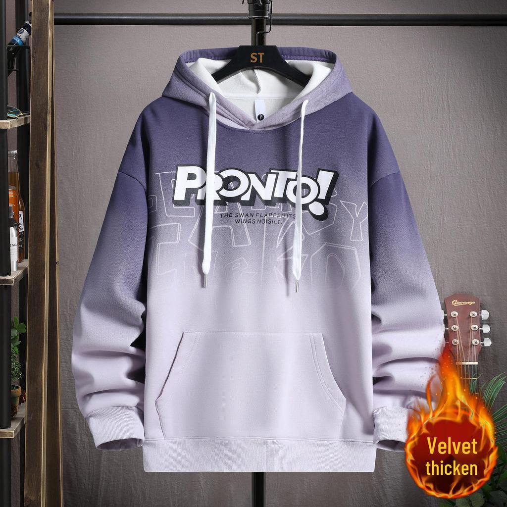 Gradient Color Block Hooded Sweatshirt for Boys, Junior High & High School Students - Plus Velvet, Thickened, Autumn/Winter Outerwear for Teens