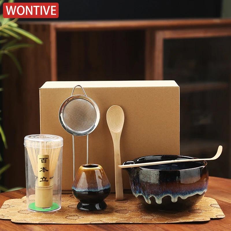 6PCS Matcha Tea Set Ceramic Matcha Bowl Bamboo Whisk Scoop Teaspoon Sifter Vintage Song Dynasty Tea Ceremony Kit