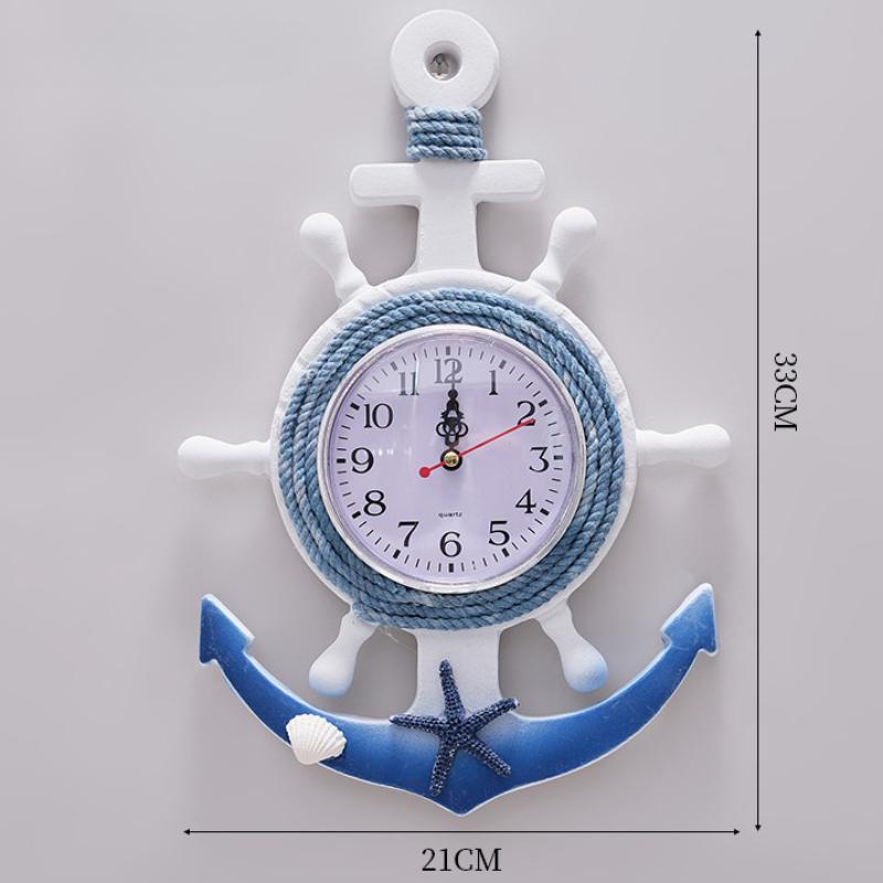 Estilo Mediterráneo Azul Blanco Timón de Barco Ancla Personalidad Creativa Reloj de Pared Decoración Reloj Electrónico Reloj de Navegación