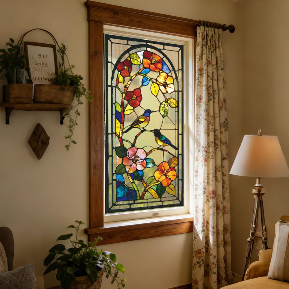 Adesivo per Vetro Finestra Espositore Balcone Esterno con Motivo Floreale e di Uccelli Retro