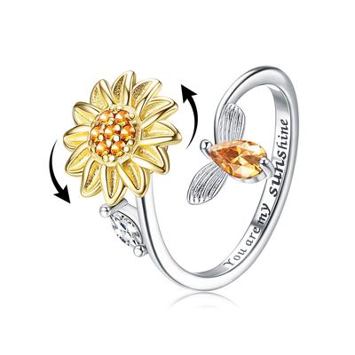 Fashion Sunflower Anxiety Ring For Women Wedding Party Jewelry Delicate Stainless Steel Crystal Zirconia Finger Ring Adjustable