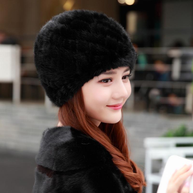 Mink Fur Hat Women Winter Ear Protection Warm Natural Fur Knitted Hat Fluffy Fur Snow Caps Ladies Black Fur Caps Winter Cap