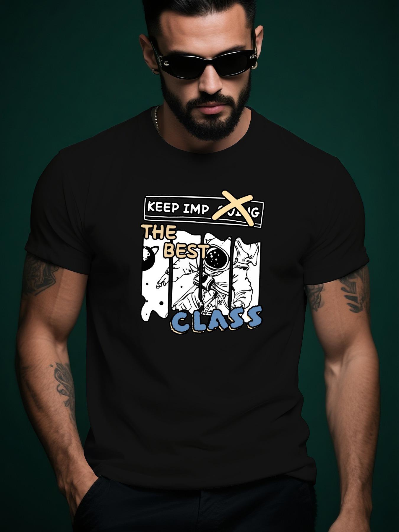 Space-Themed Casual - Summer Crew Neck Short Sleeve Tee with Astronaut & Planet Design T-shirt L