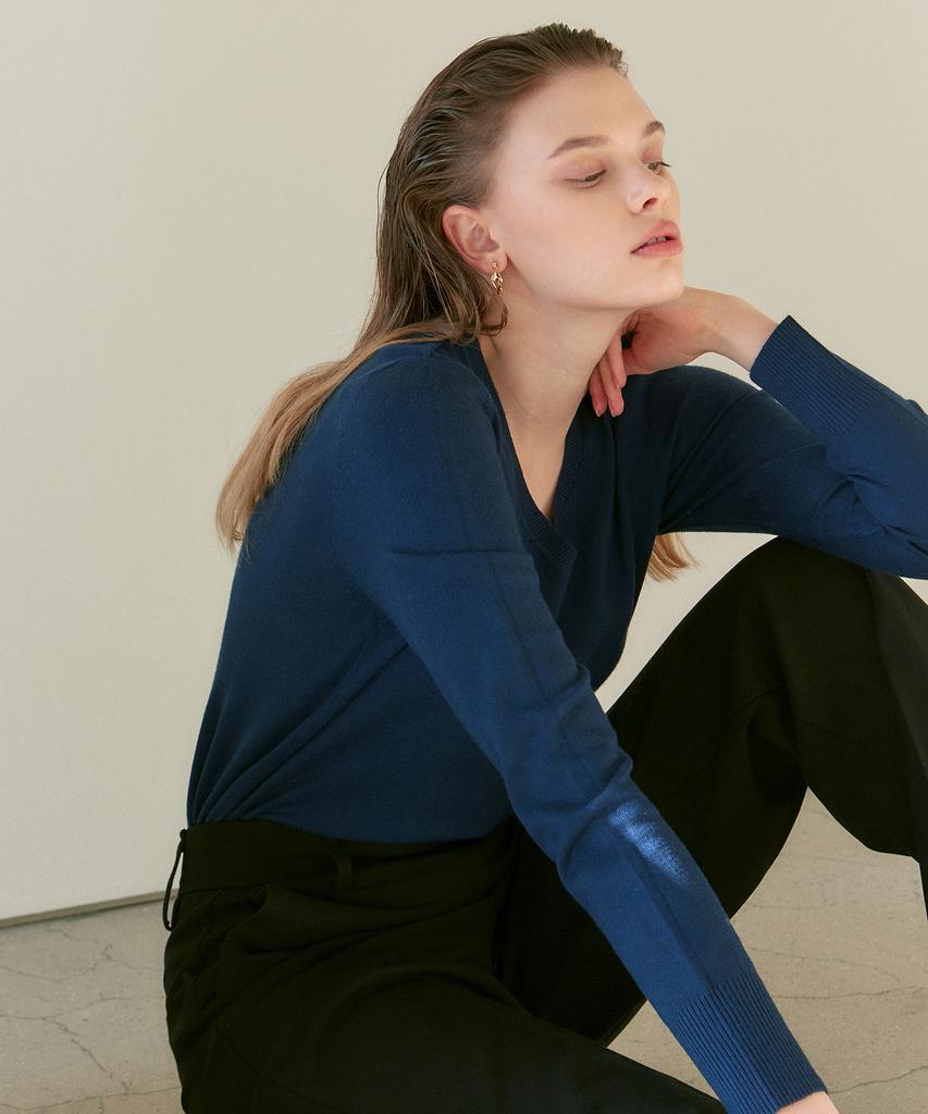 Nigaennikol [Essential] Soft V Neck Knit_Deep Blue
