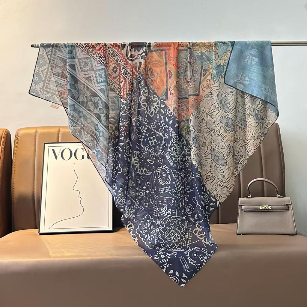 Tencel Cotton Blended 110 * 110 Silk Scarf Chinese Square Scarf Versatile Scarf Neck Protection Scarf Spring Flower Series