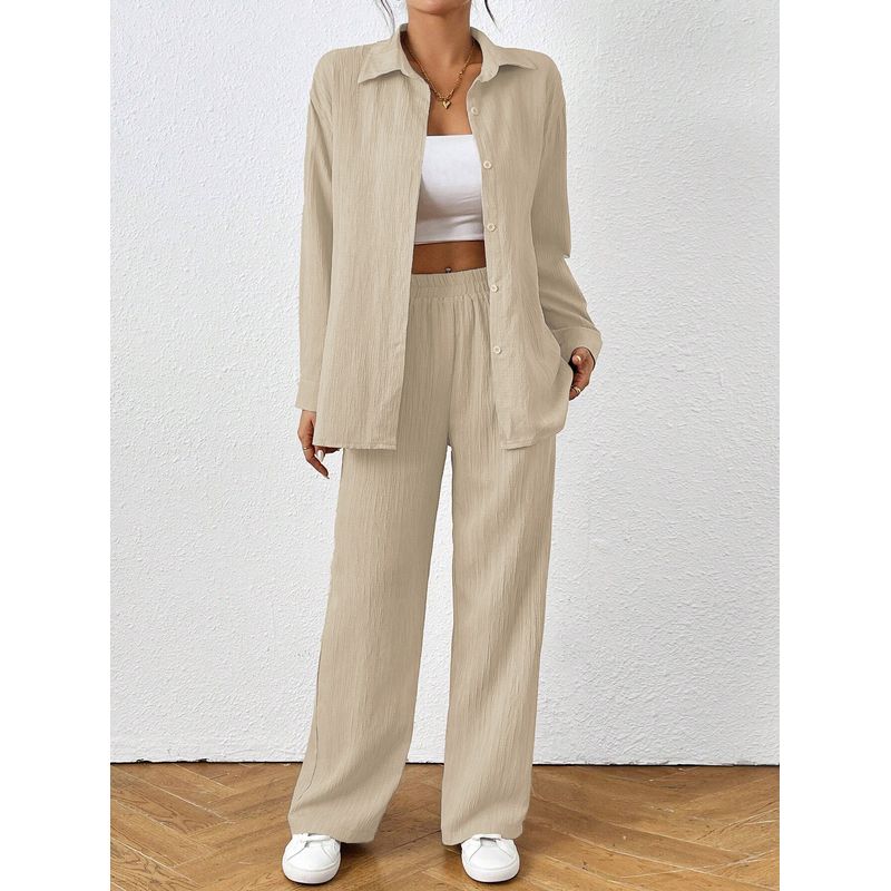 Fall New Arrival European and American Commuters' Ol Lapel Single Breasted Long Sleeves Shirt Elastic Waist Pants Casual Two-Piece Suit Women