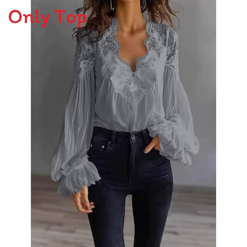Elegante Spitzen-Patch-Bluse mit Puffärmeln und Falten-Design für Büro und Freizeit