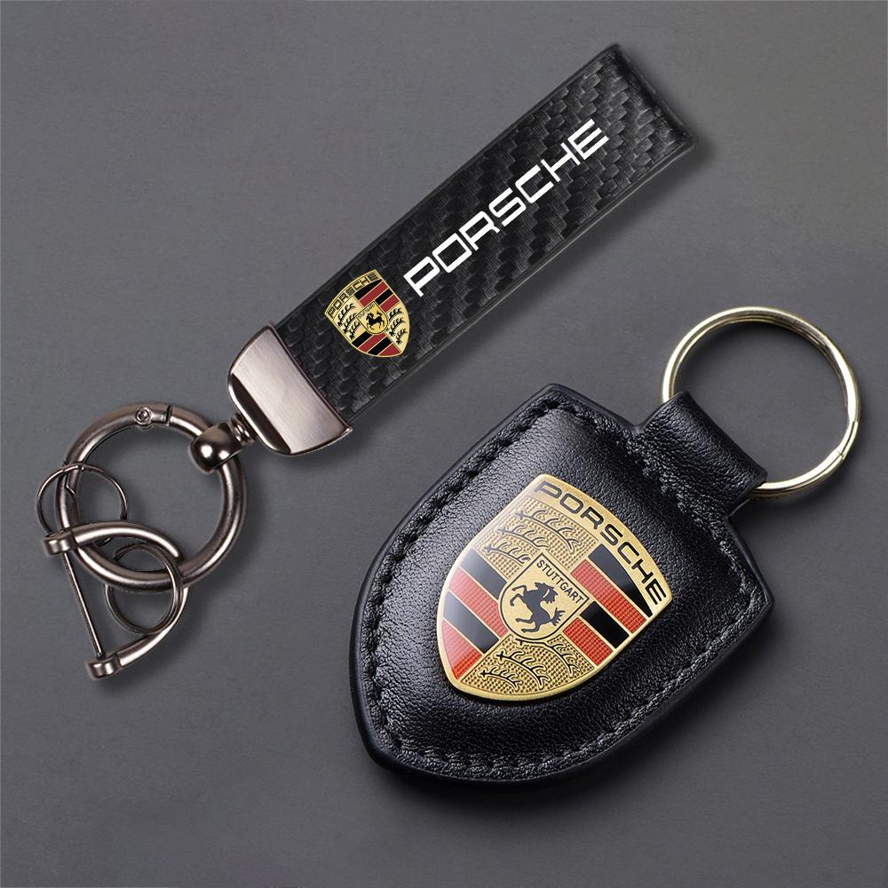 Kožený kľúčenka s emblémom Car Shield, kľúčenka z uhlíkových vlákien pre Porsche 911 718 Taycan Panamera Cayenne Macan Boxster Cayman Pajun