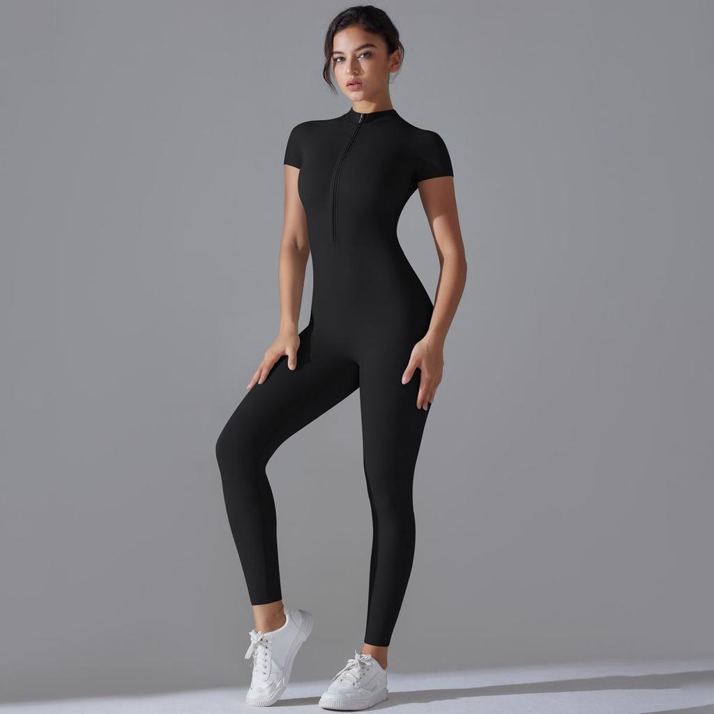 Solid Color High Elastic Half-Zip Short Sleeve Bodysuit for Sexy Fitness