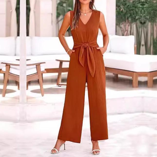 

Spring/Summer V-neck Sleeveless Tie Waist Wide-leg Jumpsuit for Women S